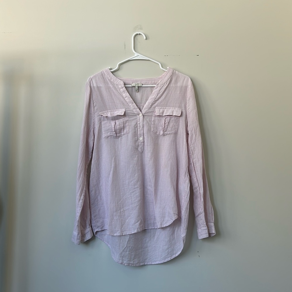 White and pink striped Joie long sleeve button down blouse, size medium.